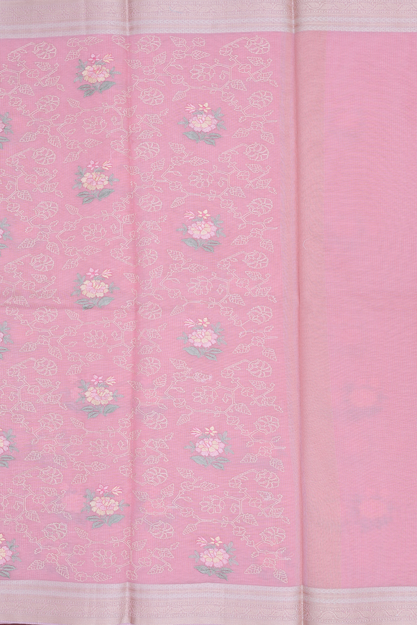 Kota Cotton Saree In Pink With Floral Embroidered Design