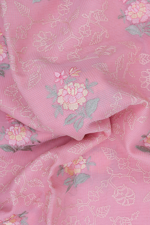 Kota Cotton Saree In Pink With Floral Embroidered Design
