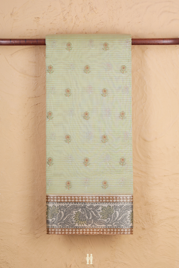 Kota Cotton Saree In Sage Green Along Stripes With Buttas