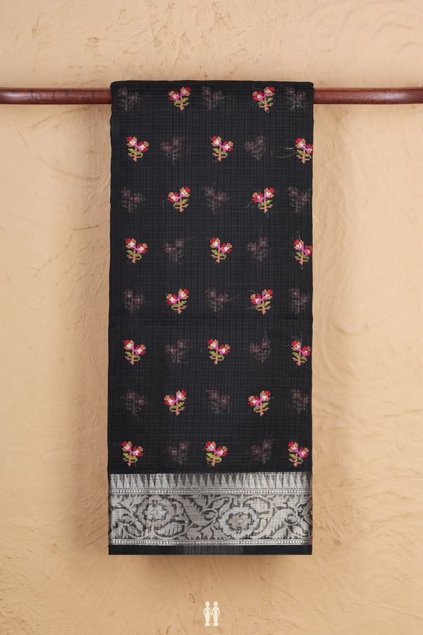 Kota Cotton Saree In Black With Floral Buttas
