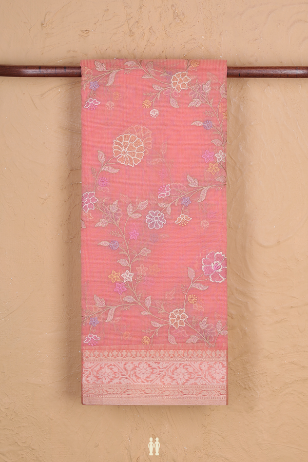 Kota Cotton Saree In Peach Pink With Floral Design
