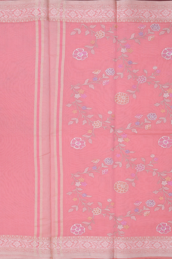 Kota Cotton Saree In Peach Pink With Floral Design
