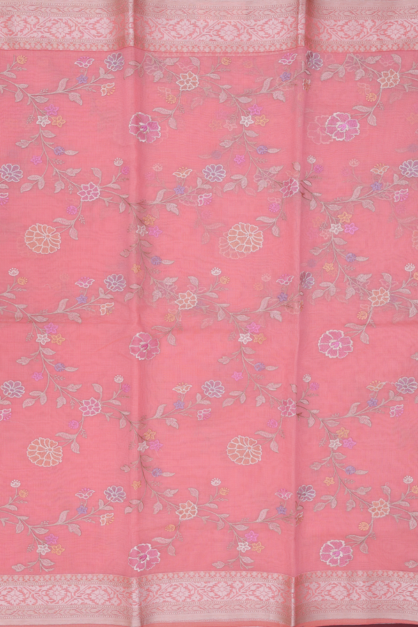Kota Cotton Saree In Peach Pink With Floral Design