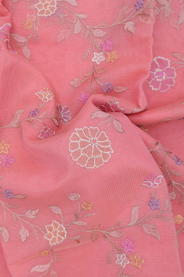 Kota Cotton Saree In Peach Pink With Floral Design