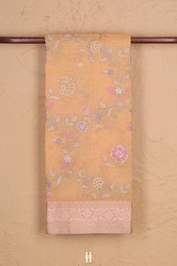 Kota Cotton Saree In Light Orange With Floral Design