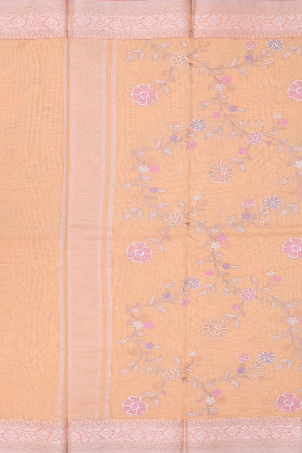 Kota Cotton Saree In Light Orange With Floral Design