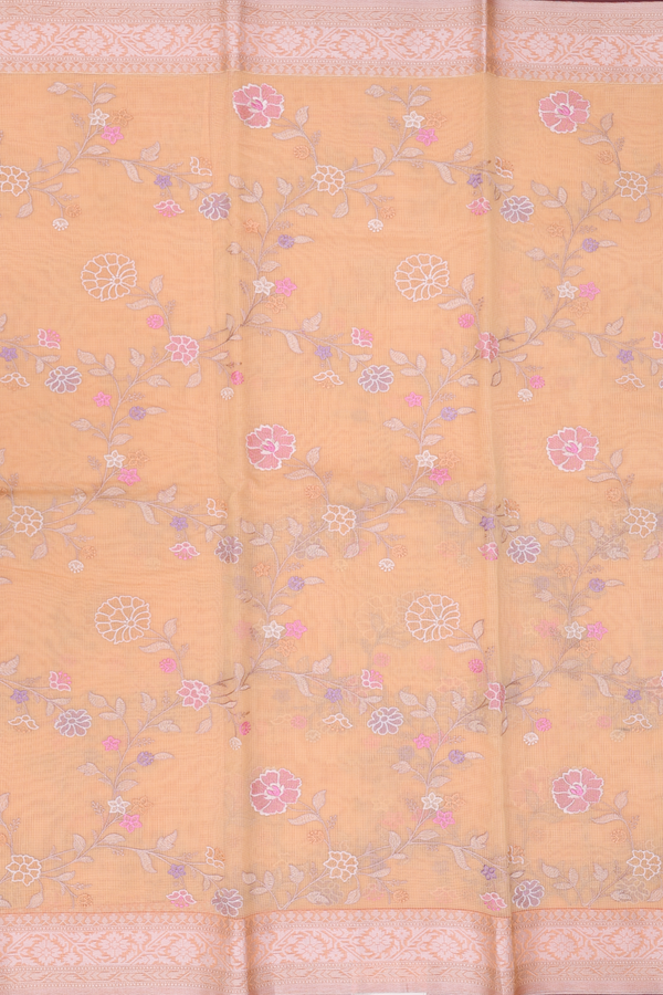 Kota Cotton Saree In Light Orange With Floral Design