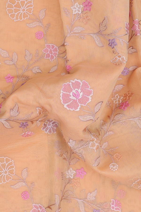 Kota Cotton Saree In Light Orange With Floral Design