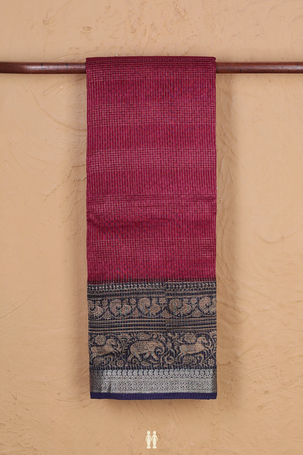 Chanderi Cotton Saree In Deep Mulberry With Stripes Design