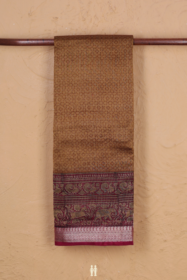 Chanderi Cotton Saree In Golden Brown With Stripes Design
