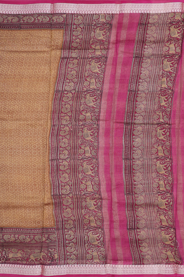 Chanderi Cotton Saree In Golden Brown With Stripes Design