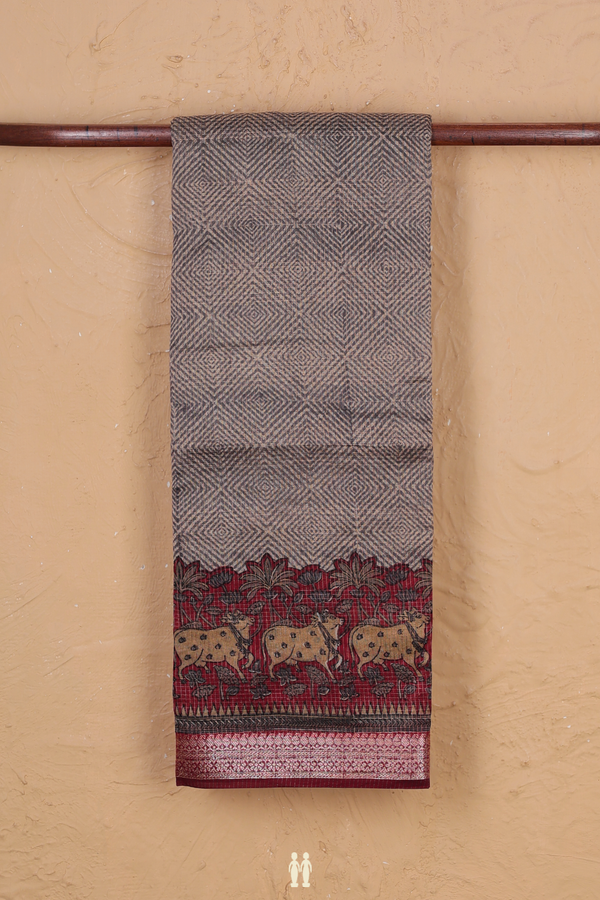 Chanderi Cotton Saree In Brown And Cream With Diamond Design