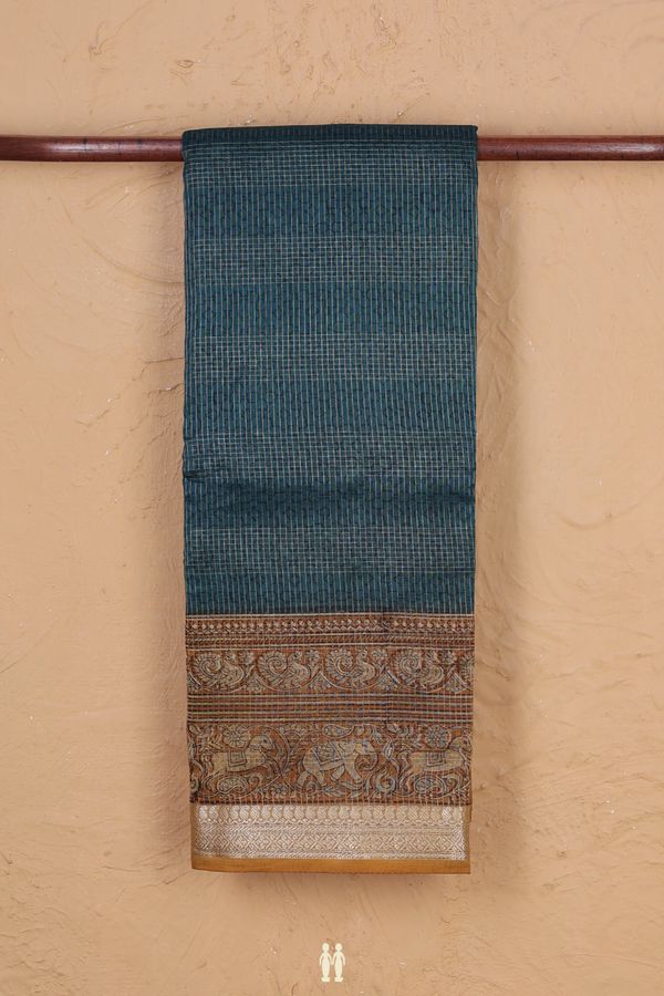 Chanderi Cotton Saree In Teal Blue With Stripes Design