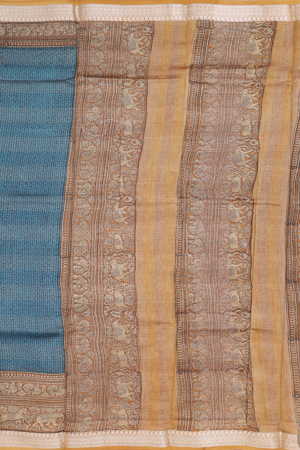 Chanderi Cotton Saree In Teal Blue With Stripes Design