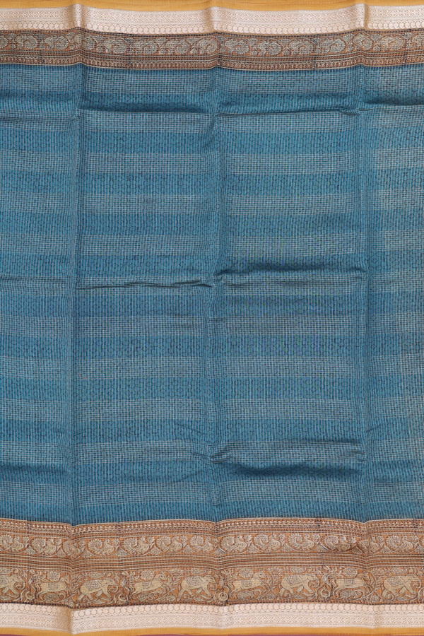 Chanderi Cotton Saree In Teal Blue With Stripes Design