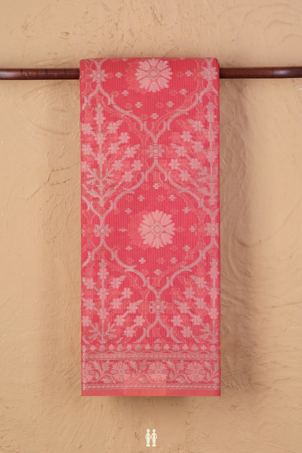 Kota Cotton Saree In Coral Red With Floral Design