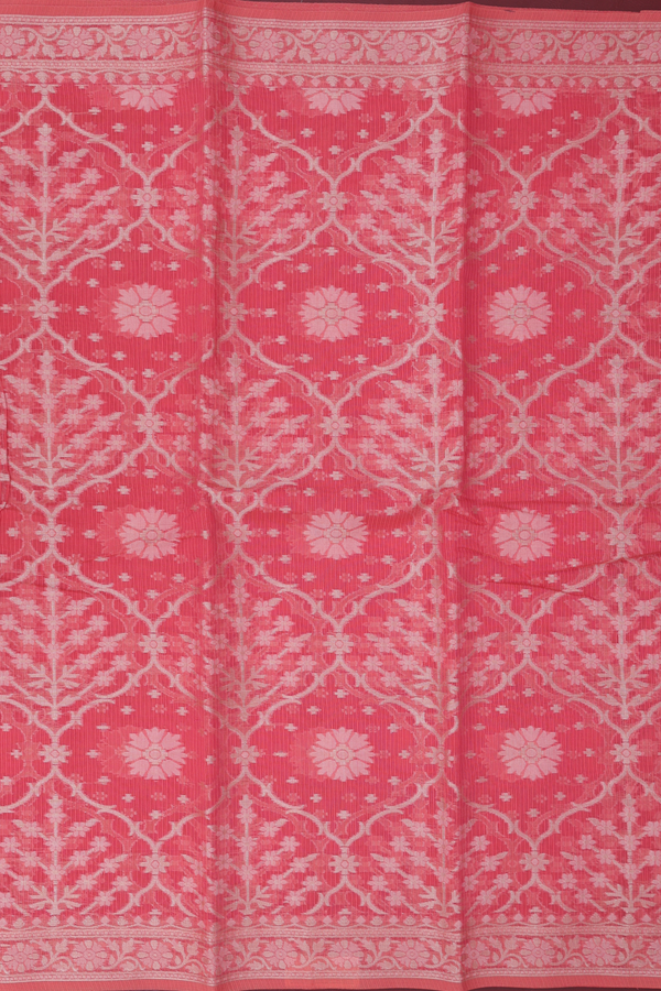 Kota Cotton Saree In Coral Red With Floral Design
