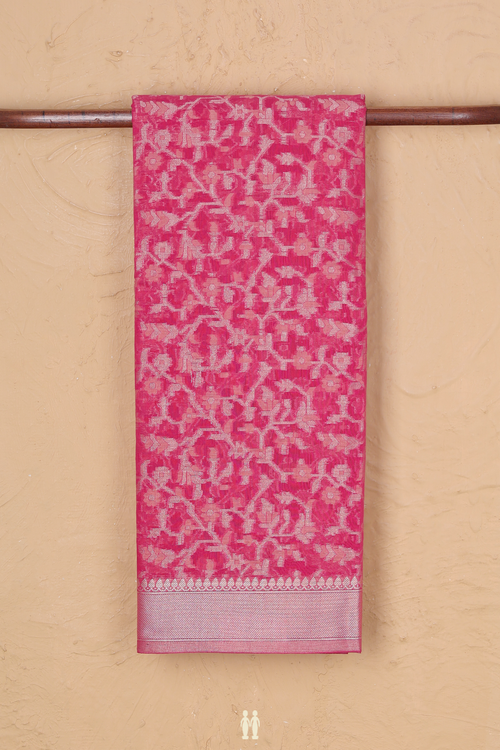 Kota Cotton Saree In Rani Pink With Floral Design