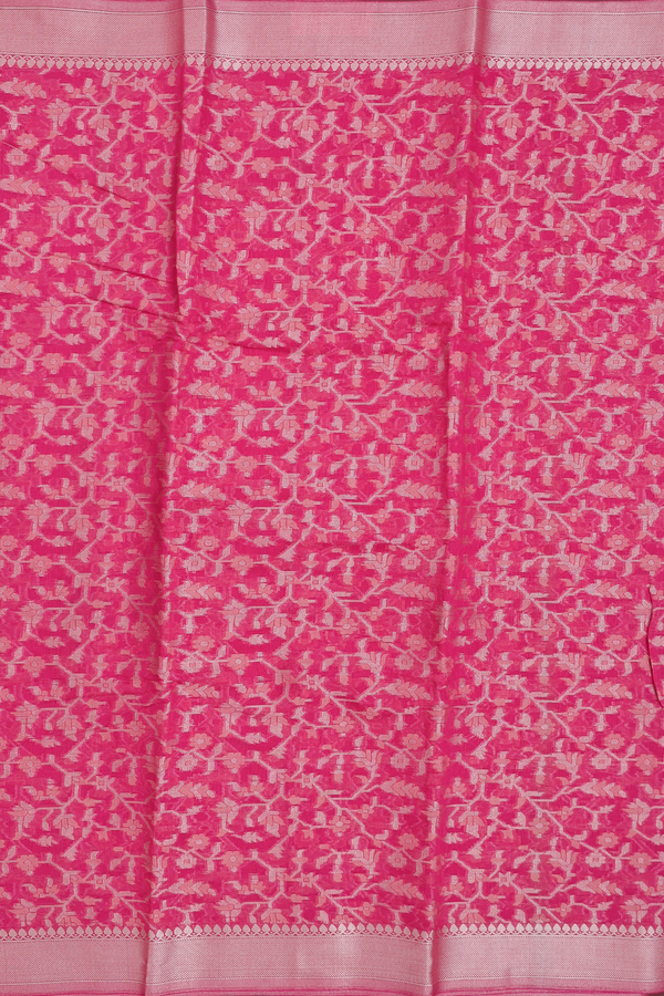 Kota Cotton Saree In Rani Pink With Floral Design