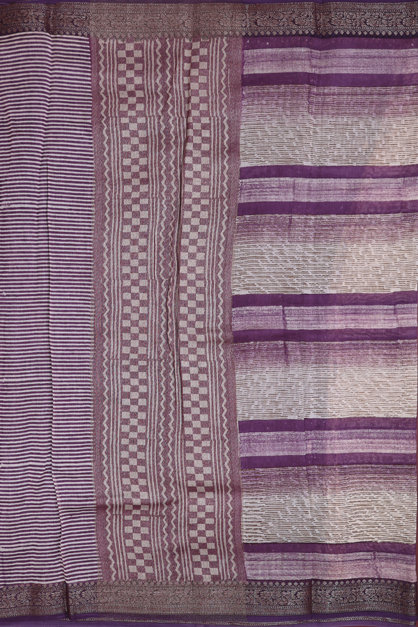 Chanderi Silk Cotton Saree In Cream And Purple With Stripes