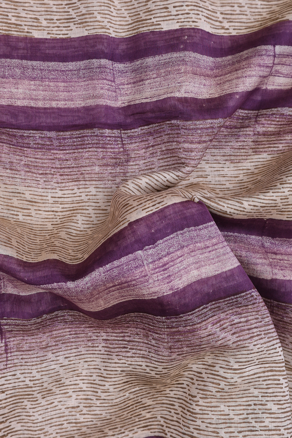 Chanderi Silk Cotton Saree In Cream And Purple With Stripes