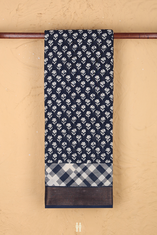 Printed Cotton Saree In Prussian Blue With Floral Design