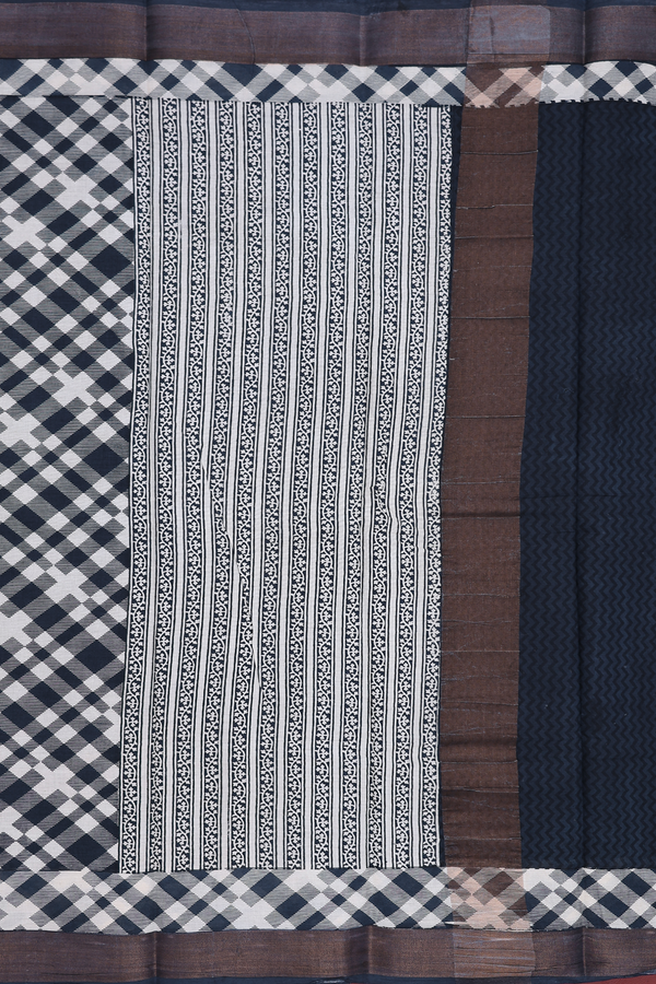 Printed Cotton Saree In Prussian Blue With Floral Design