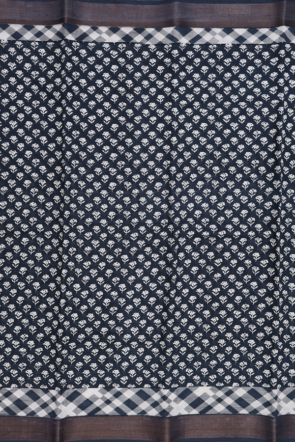 Printed Cotton Saree In Prussian Blue With Floral Design