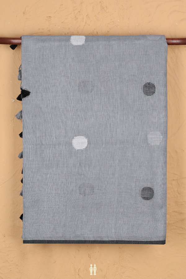 Linen Saree In Grey With Threadwork Buttas