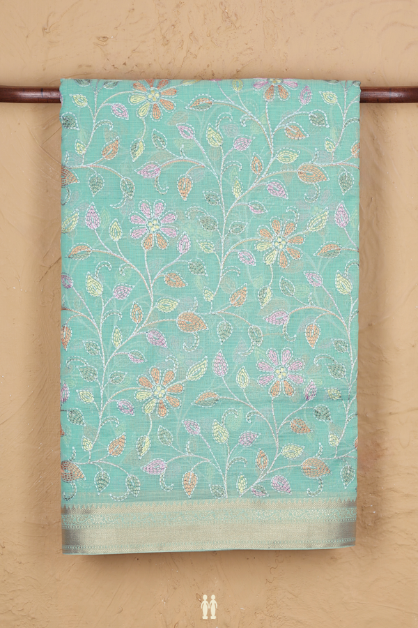 Kota Cotton Saree In Mint Blue With Floral Design