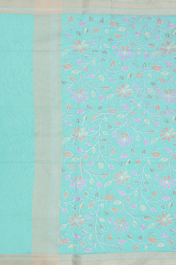Kota Cotton Saree In Mint Blue With Floral Design