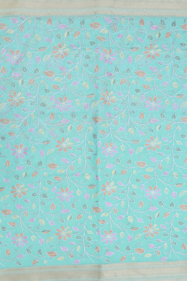 Kota Cotton Saree In Mint Blue With Floral Design