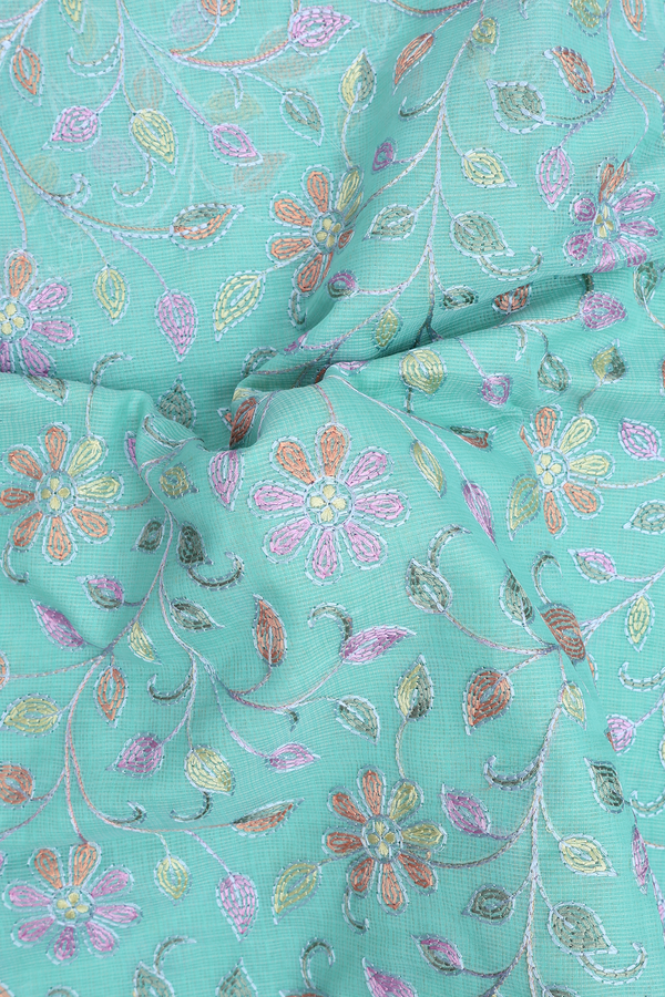 Kota Cotton Saree In Mint Blue With Floral Design