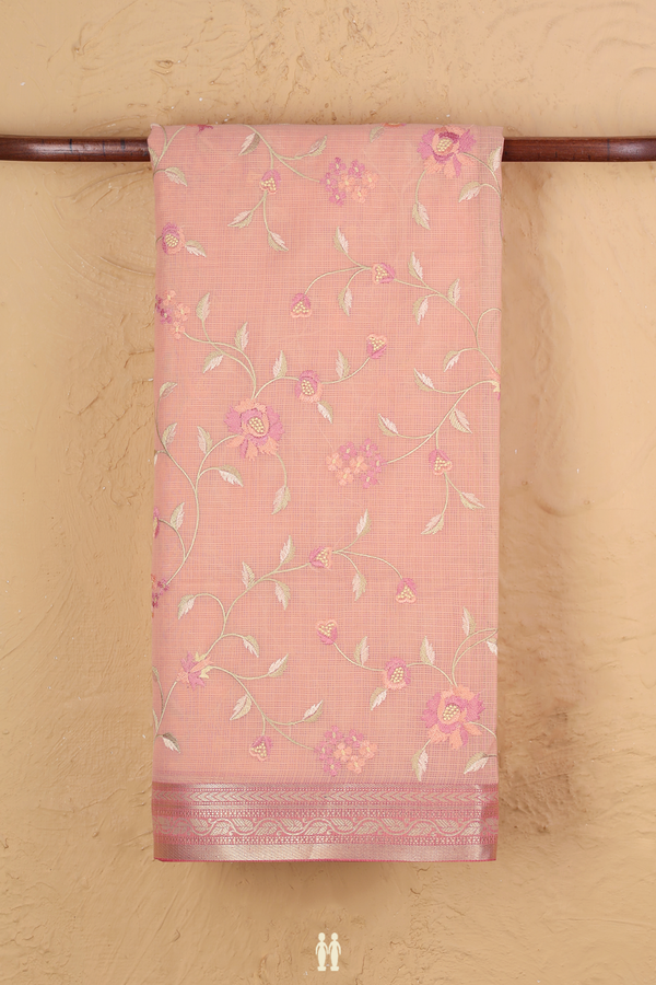 Kota Cotton Saree In Peachy Pink With Floral Design