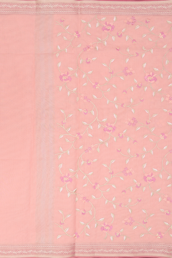 Kota Cotton Saree In Peachy Pink With Floral Design