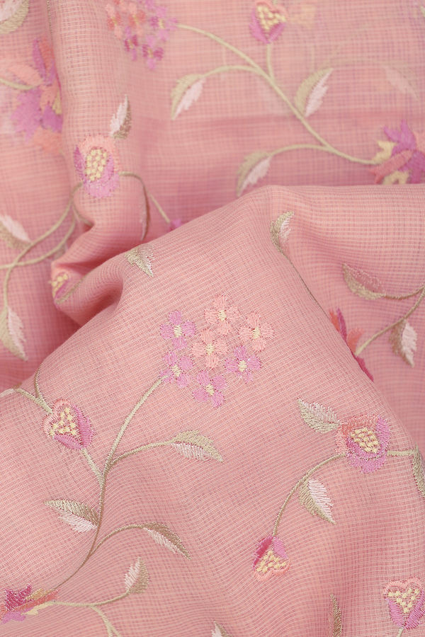 Kota Cotton Saree In Peachy Pink With Floral Design