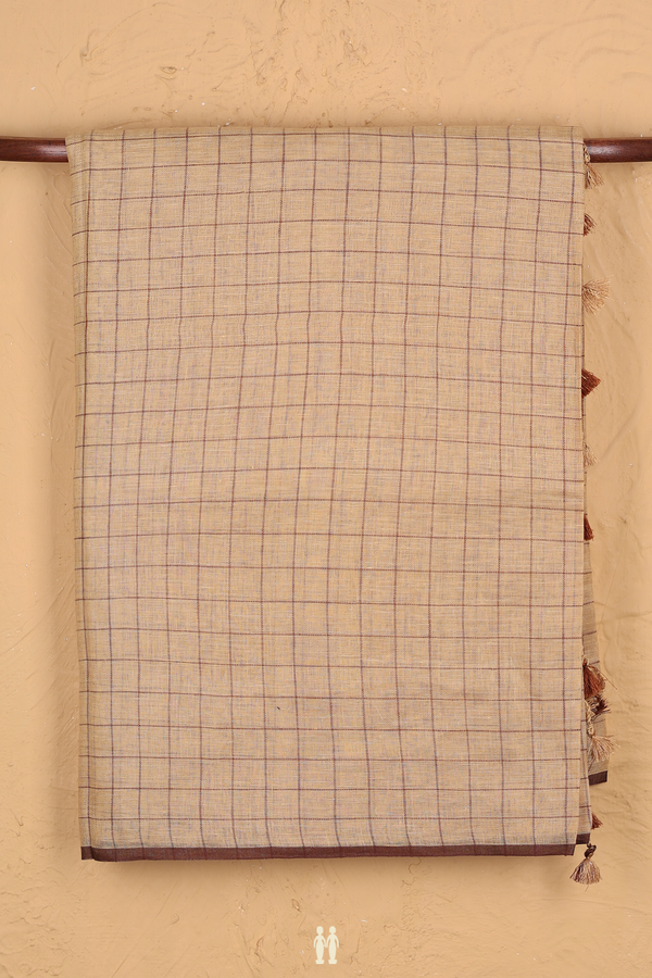 Linen Saree In Brown With Checks Design