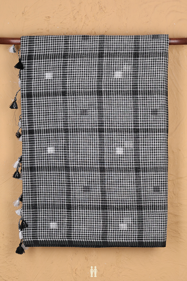 Linen Saree In Black And White With Checks Design