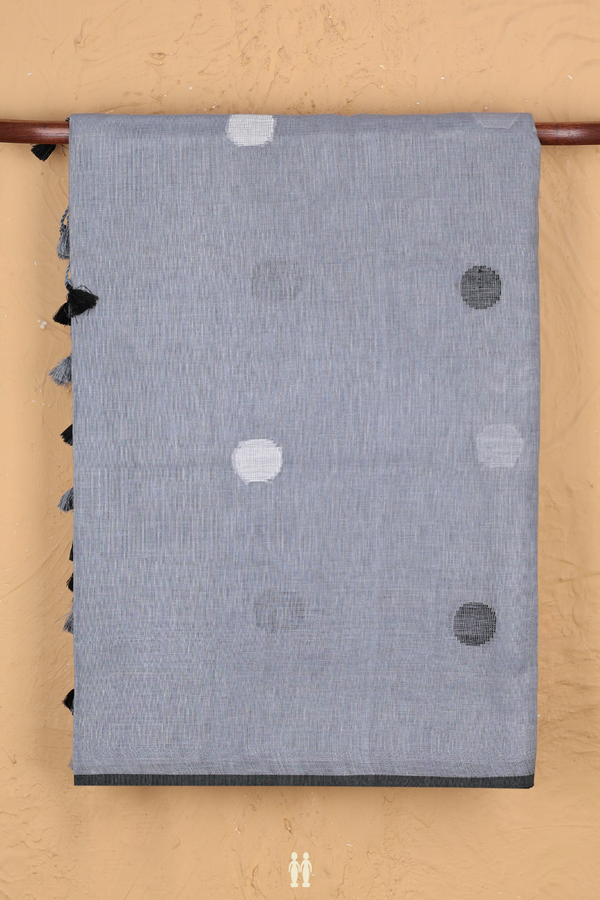 Linen Saree In Grey With Threadwork Buttas
