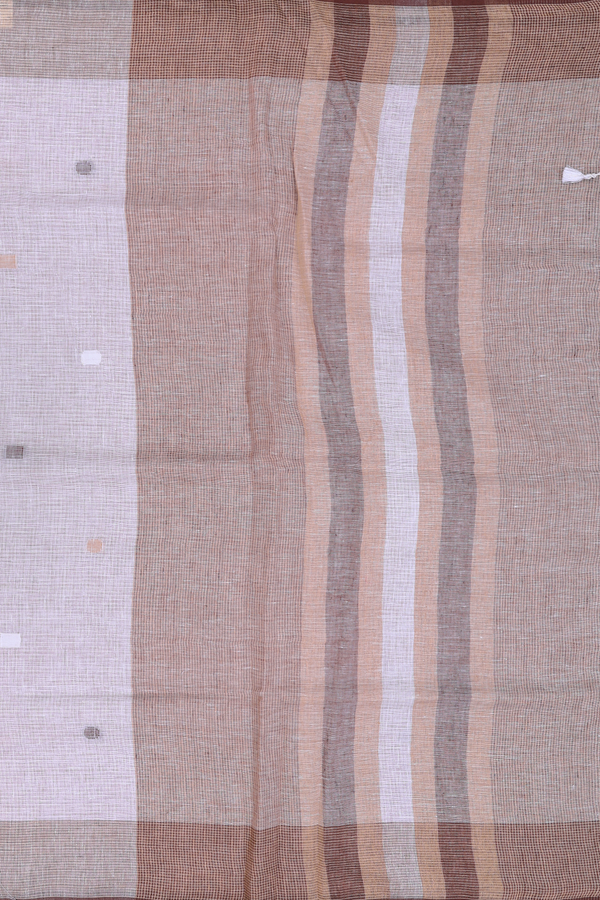 Linen Saree In White With Threadwork Buttas