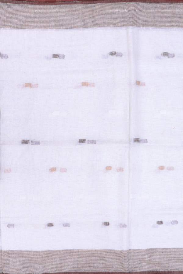Linen Saree In White With Threadwork Buttas