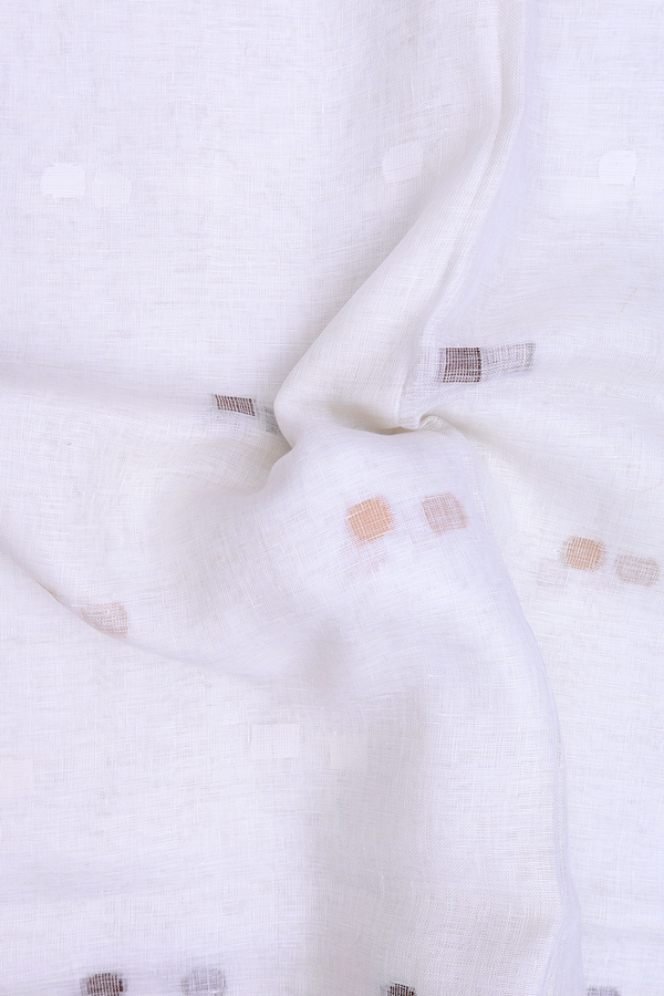 Linen Saree In White With Threadwork Buttas