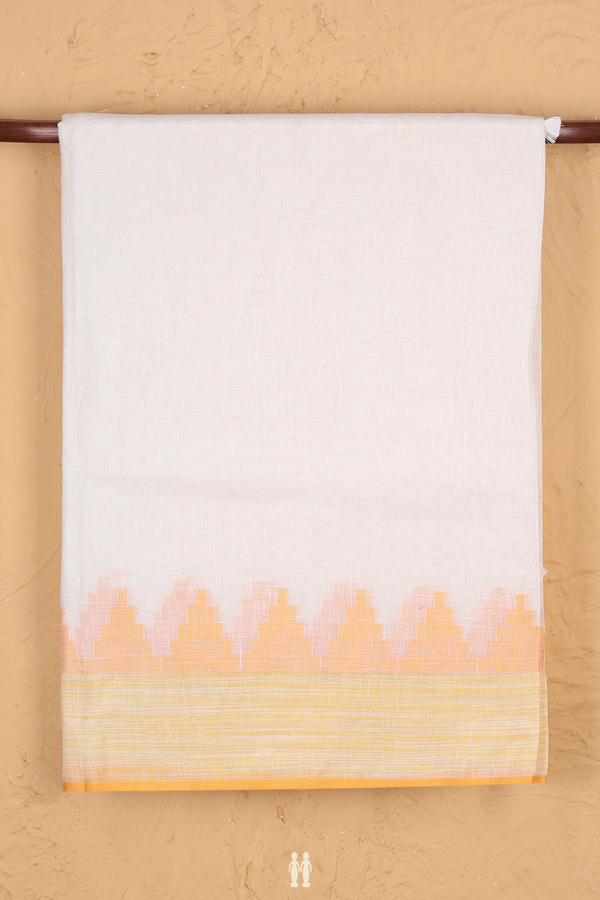 Linen Saree In White With Temple Border