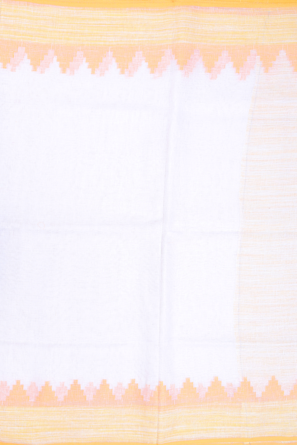 Linen Saree In White With Temple Border