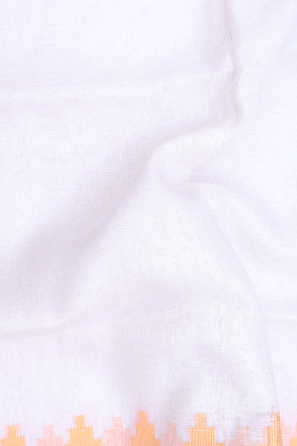 Linen Saree In White With Temple Border