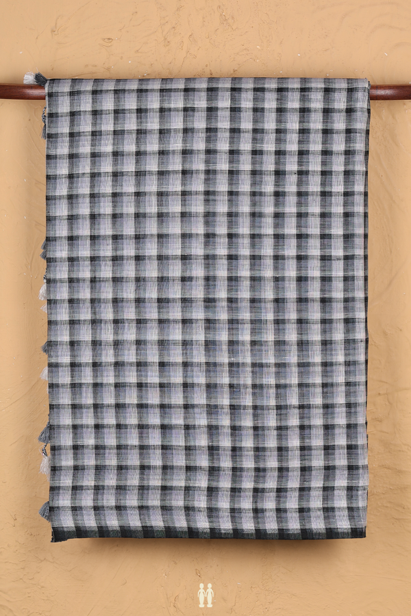 Linen Saree In White And Grey With Checks Design