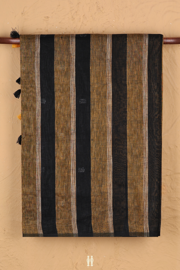 Linen Saree In Brown And Black With Stripes Design