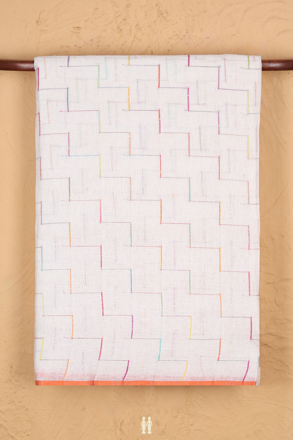 Linen Saree In White With Chevron Design