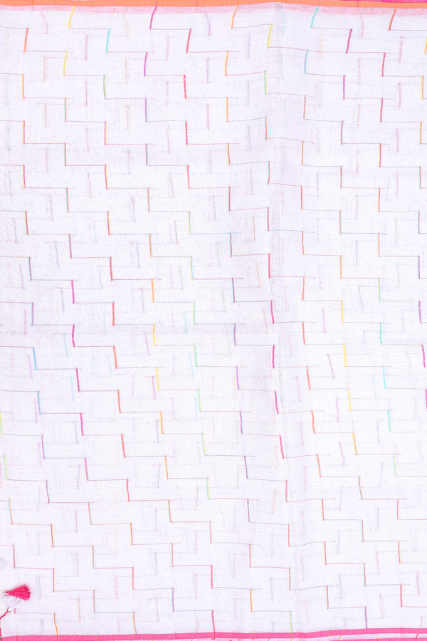 Linen Saree In White With Chevron Design