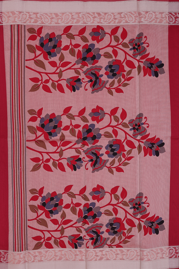 Kota Cotton Saree In Ruby Red With Threadwork Border
